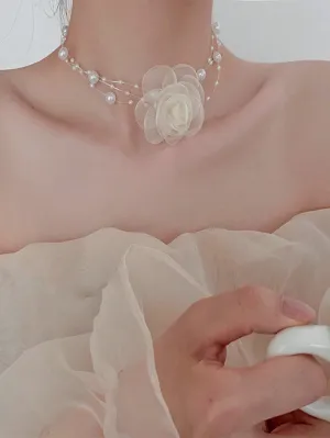 1pc Floral & Faux Pearl Triple Layer Choker Necklace, Chiffon Flower Collarbone
