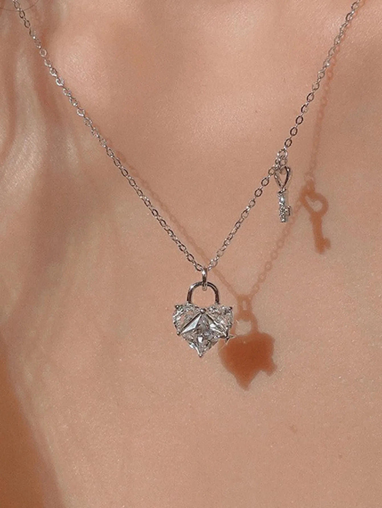 1pc Stainless Steel Cubic Zirconia Key Heart Pendant Necklace For Women For