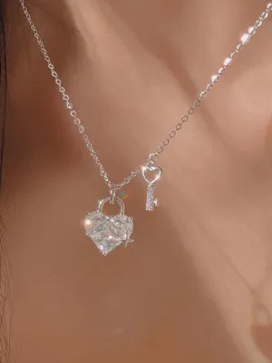 1pc Stainless Steel Cubic Zirconia Key Heart Pendant Necklace For Women For