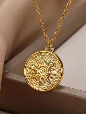 1pc Stainless Steel Sun Shaped Engraved Round Coin Pendant Necklace, Unisex