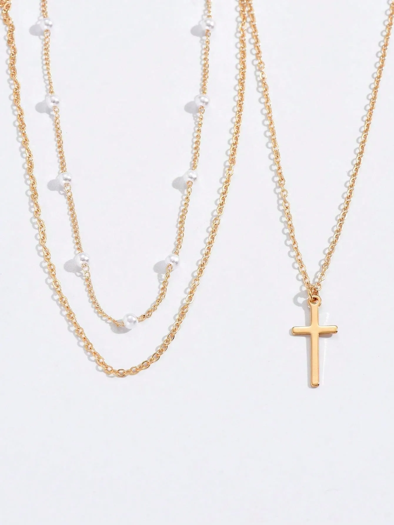 2pcs Faux Pearl & Cross Decor Chain Necklace Dainty Necklace Novelty Necklace