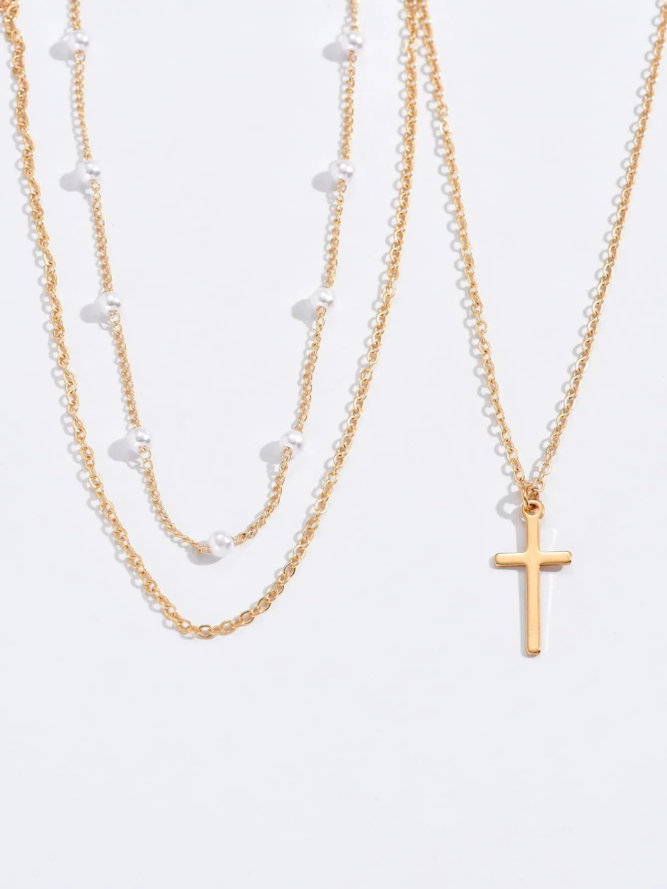2pcs Faux Pearl & Cross Decor Chain Necklace Dainty Necklace Novelty Necklace