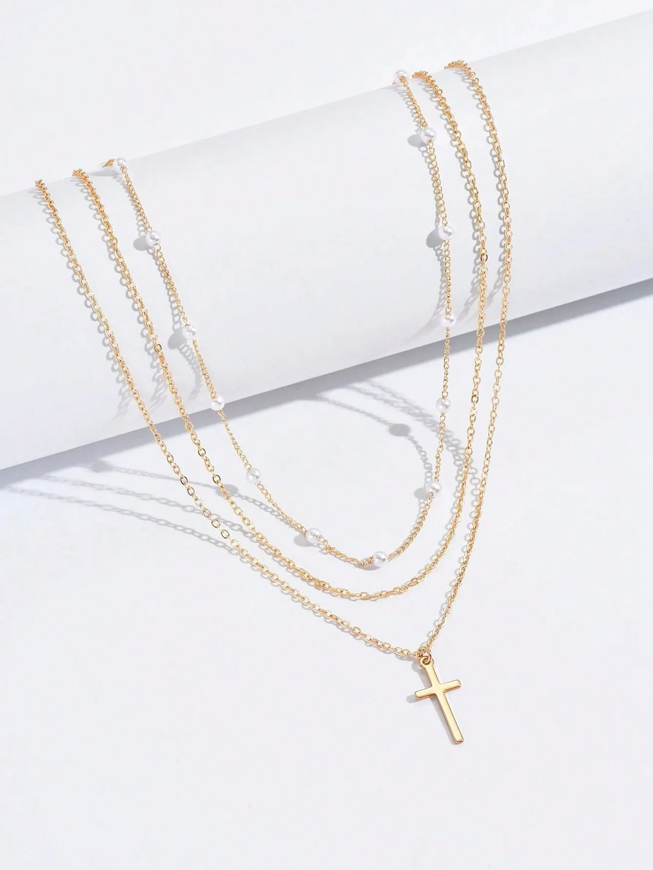 2pcs Faux Pearl & Cross Decor Chain Necklace Dainty Necklace Novelty Necklace
