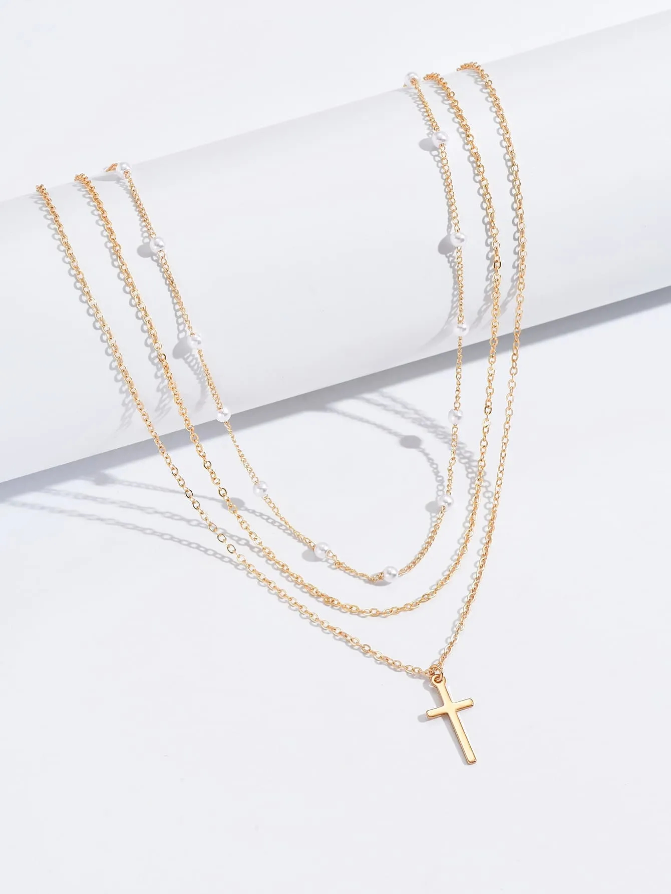 2pcs Faux Pearl & Cross Decor Chain Necklace Dainty Necklace Novelty Necklace