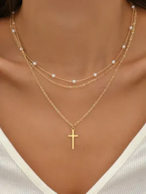 2pcs Faux Pearl & Cross Decor Chain Necklace Dainty Necklace Novelty Necklace
