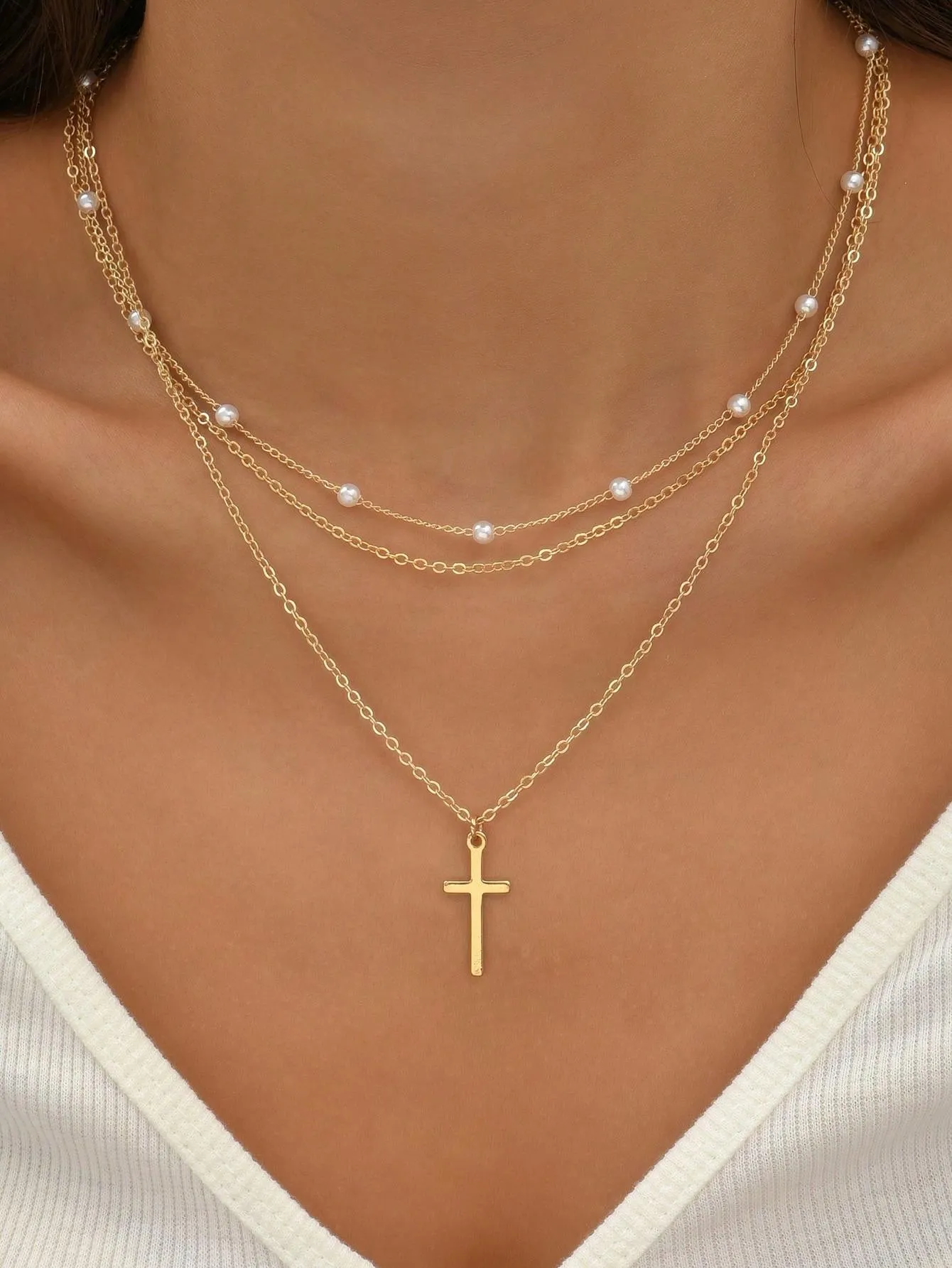 2pcs Faux Pearl & Cross Decor Chain Necklace Dainty Necklace Novelty Necklace