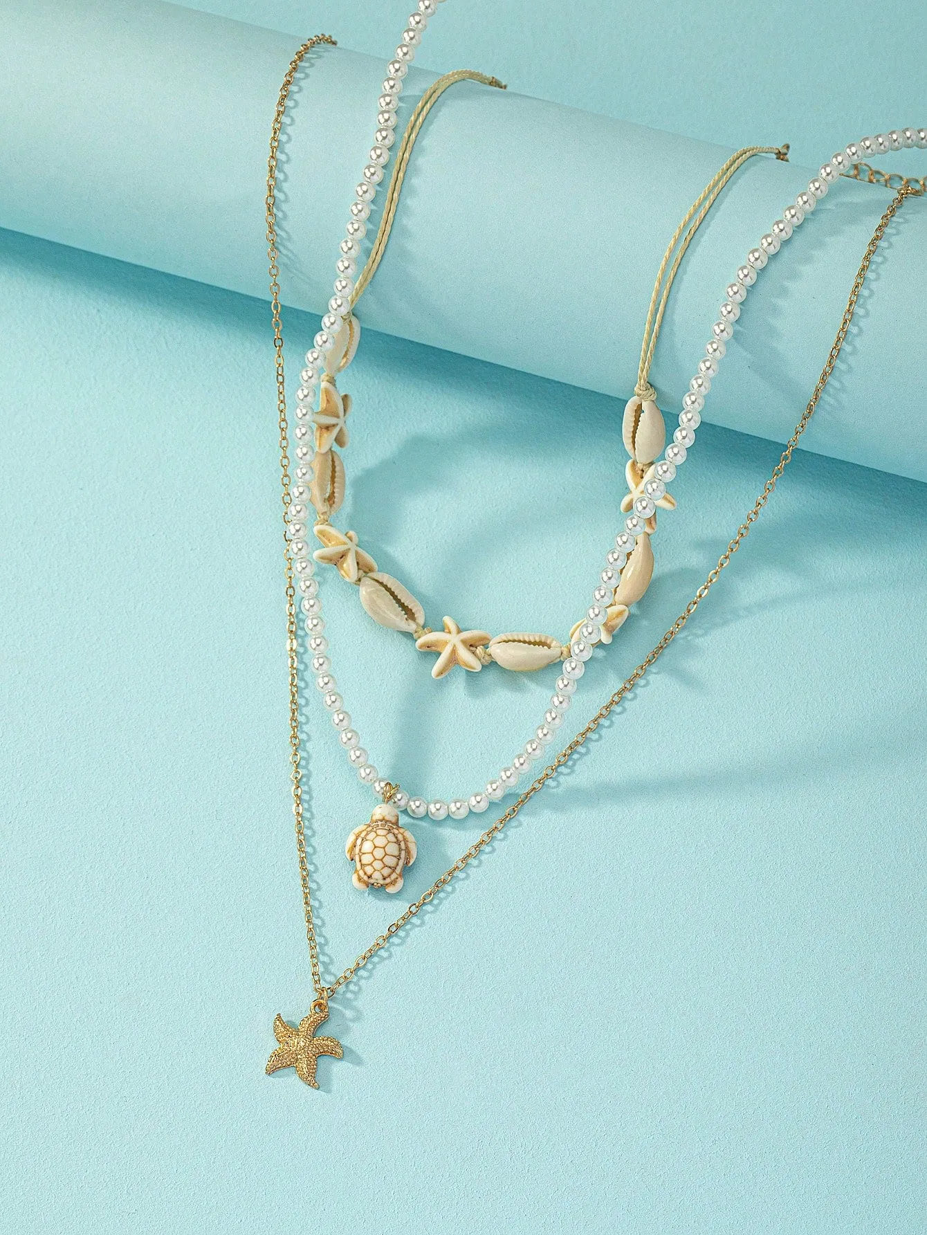 3pcs/Set Beach Vacation Natural Seashell Turquoise Starfish Faux Pearl Braided
