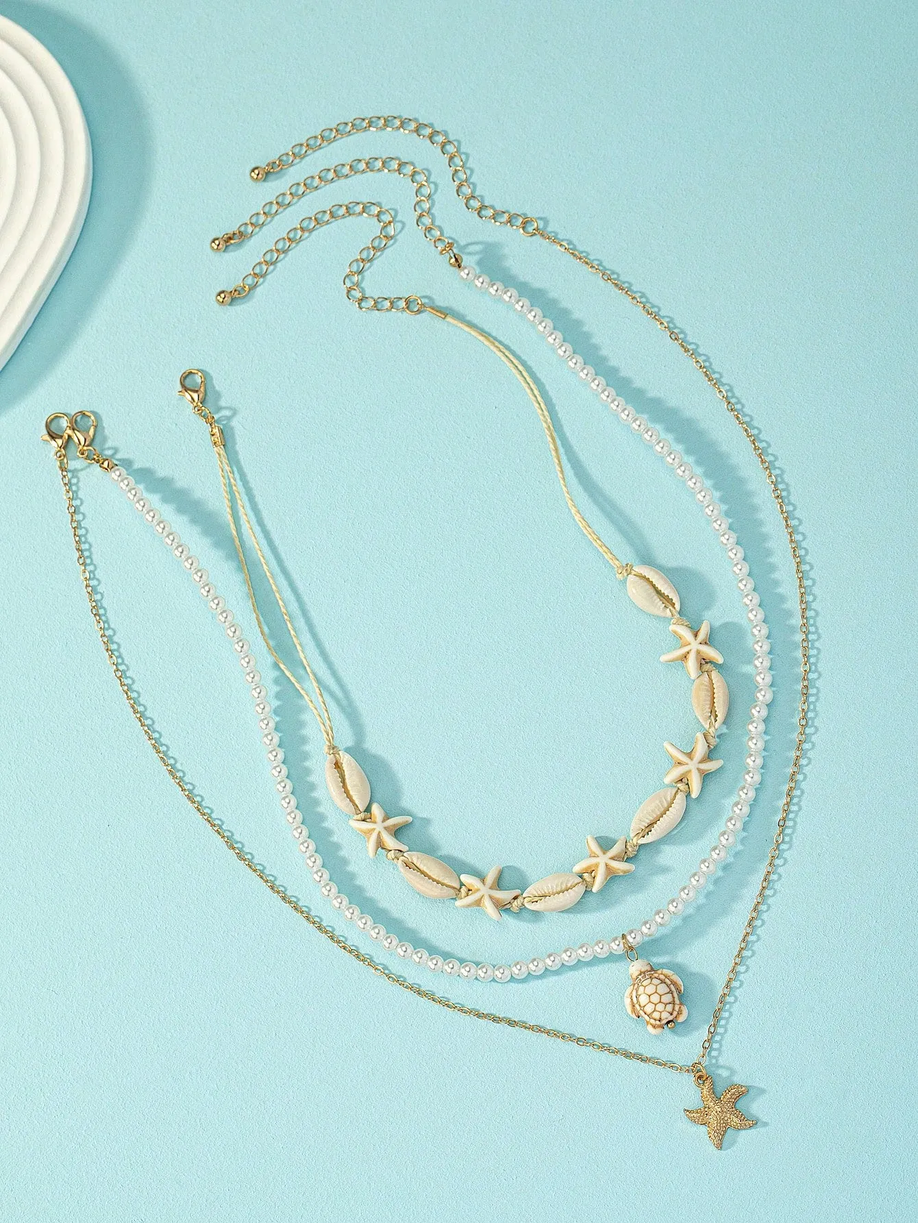 3pcs/Set Beach Vacation Natural Seashell Turquoise Starfish Faux Pearl Braided