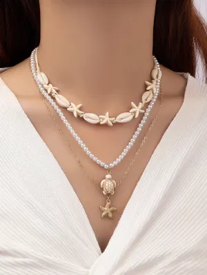 3pcs/Set Beach Vacation Natural Seashell Turquoise Starfish Faux Pearl Braided