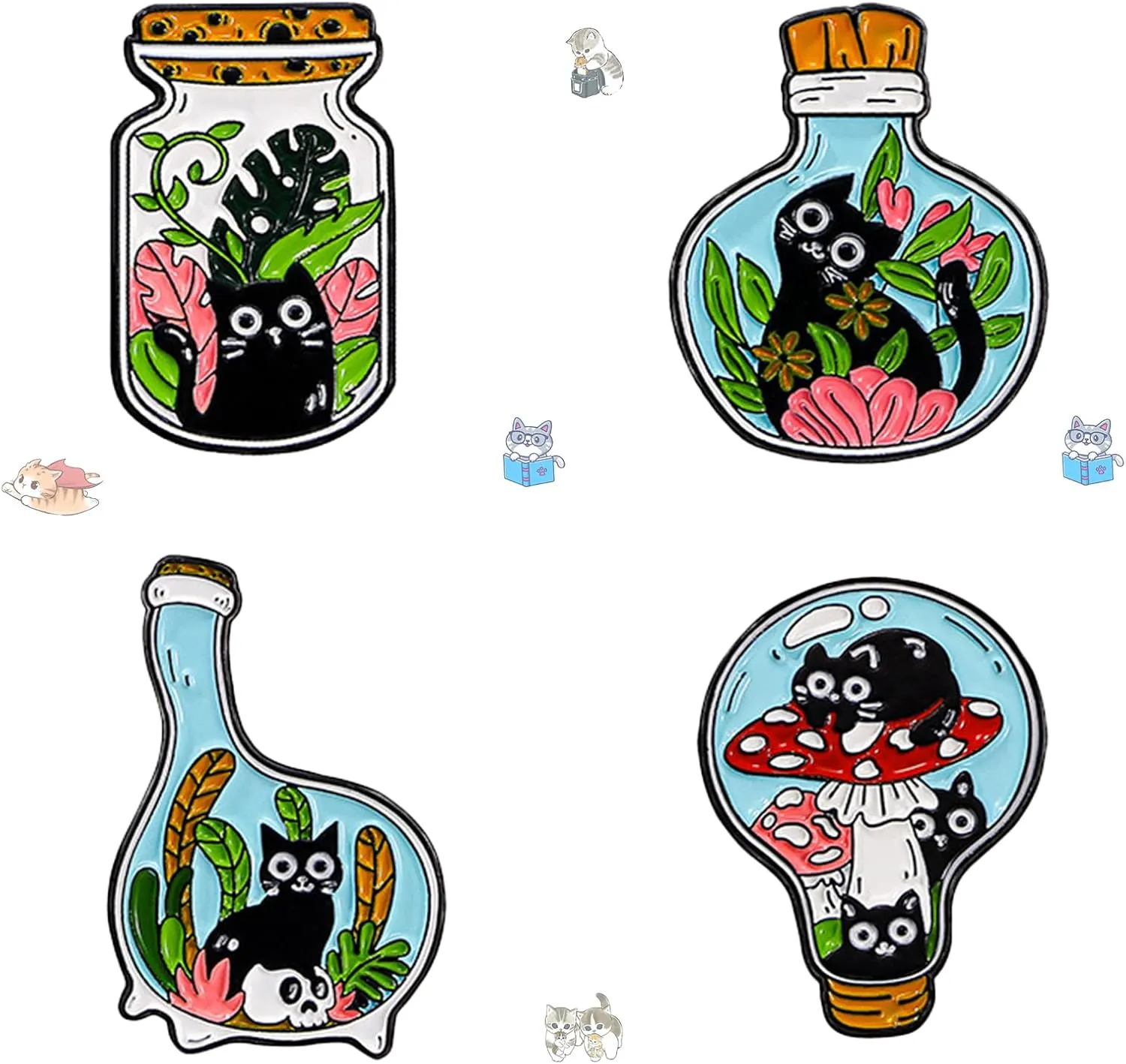 4Pcs Cute Black Cat Cartoon Badge, Flower and Grass Kitten Enamel Pin in Bottle, Drift Bottle Enamel Badge, Flower and Grass Alloy Ladies Brooch and Pin Suitable for Decorating Clothes, Hats, Bags, Gift Party Collection