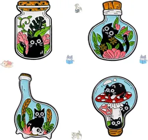 4Pcs Cute Black Cat Cartoon Badge, Flower and Grass Kitten Enamel Pin in Bottle, Drift Bottle Enamel Badge, Flower and Grass Alloy Ladies Brooch and Pin Suitable for Decorating Clothes, Hats, Bags, Gift Party Collection