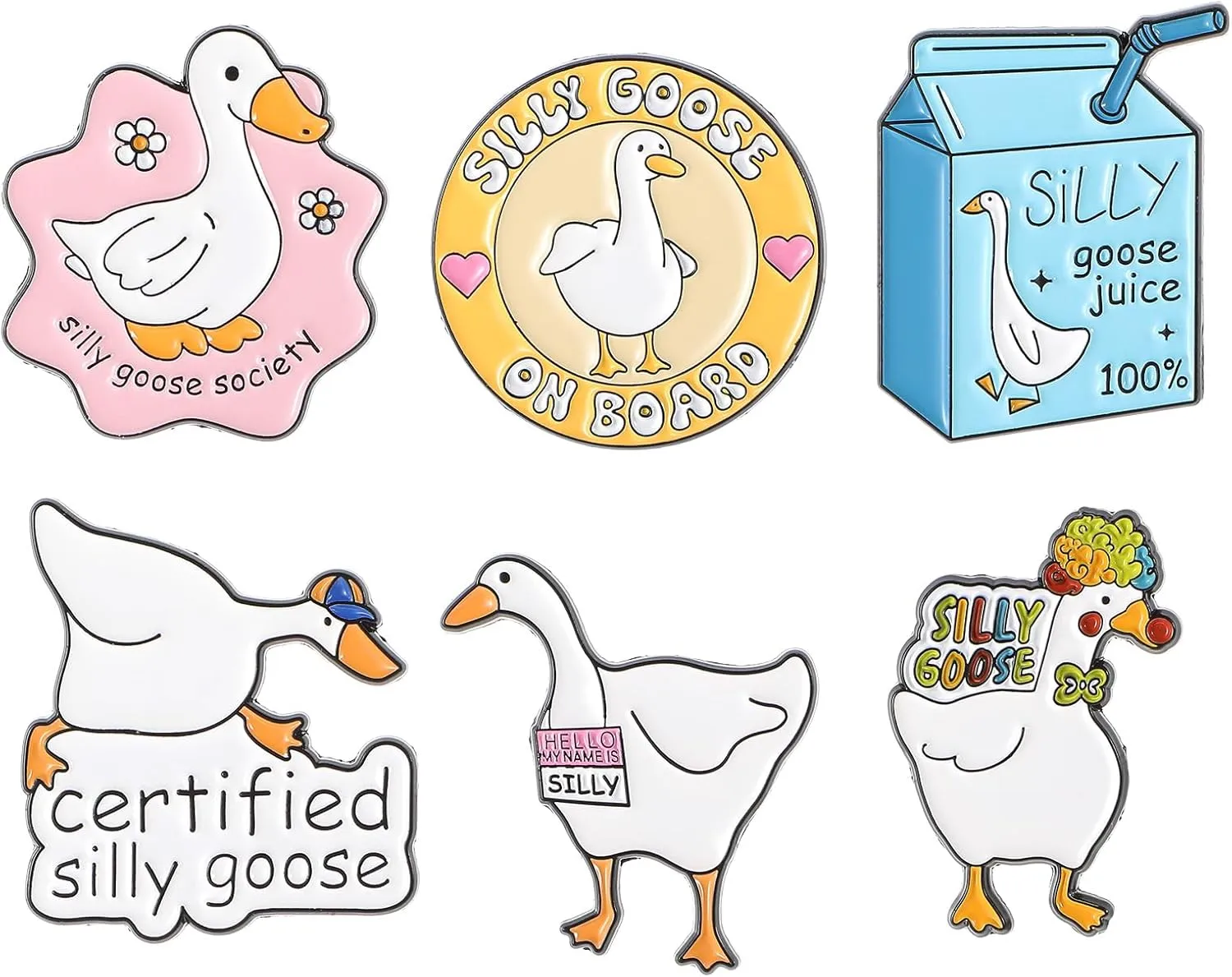 6Pcs Funny Animal Enamel Pins Set Cute Goose Themed Badge Pins for Backpack Bulk Aesthetic Novelty Lapel Pin for Clothes Cartoon Brooches for Hats Bags Jackets Decoration