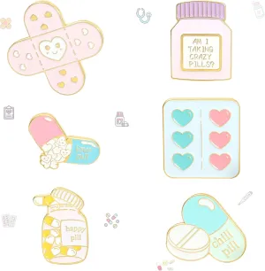 6Pcs Pink Cartoon Pill Brooch Capsule Bottle Enamel Pin, Love Band-Aid Enamel Badge, Medical Alloy Backpack Pin Enamel Badge Suitable for Daily Decoration Clothes Sweater Hat Bag Collection Party Gift