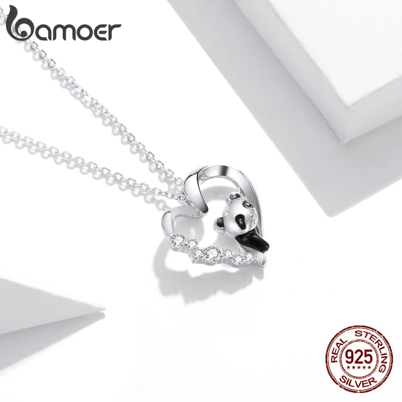 Bamoer 925 Sterling Silver Baby Panda Crystal Necklace Enamel Cute Animal Charm Chain Link for Women Gift 17.71&#39;&#39; SCN453