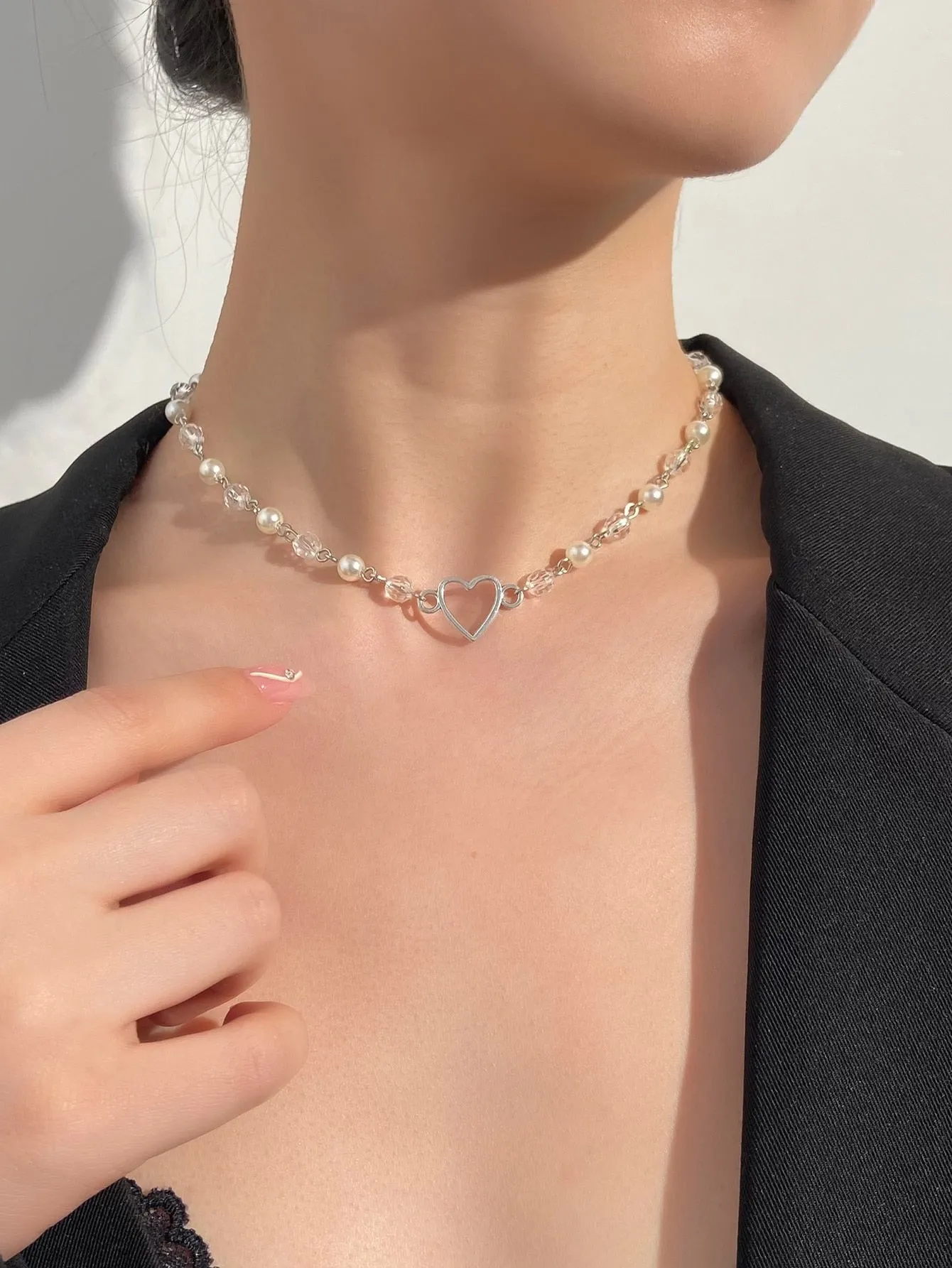 Bead & Faux Pearl Decor Heart Charm Necklace Dainty Necklace Novelty Necklace