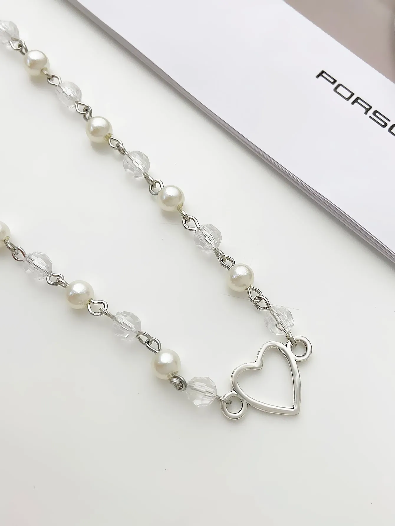 Bead & Faux Pearl Decor Heart Charm Necklace Dainty Necklace Novelty Necklace