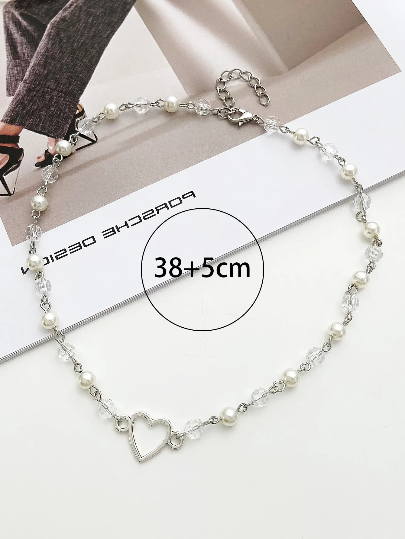 Bead & Faux Pearl Decor Heart Charm Necklace Dainty Necklace Novelty Necklace