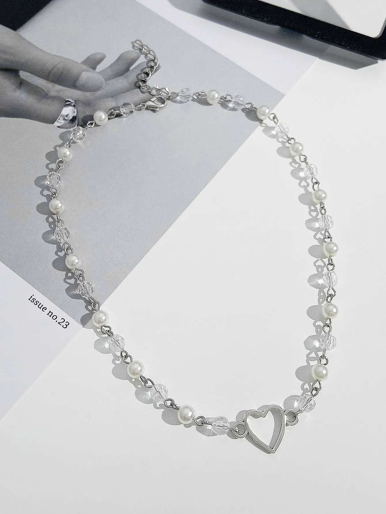 Bead & Faux Pearl Decor Heart Charm Necklace Dainty Necklace Novelty Necklace