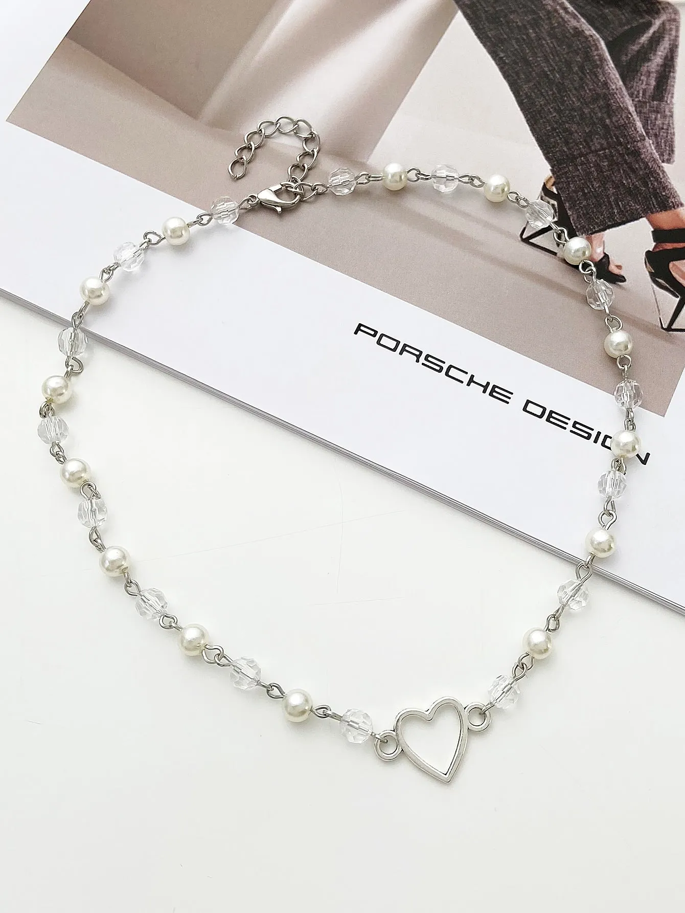 Bead & Faux Pearl Decor Heart Charm Necklace Dainty Necklace Novelty Necklace