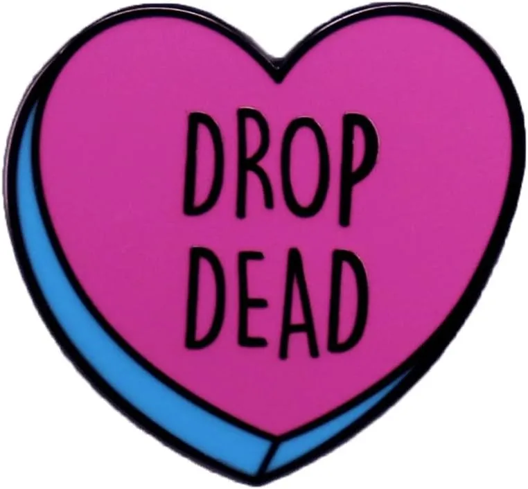 Cartoon Pink Heart Shaped Enamel Pin DROP DEAD Brooch Cute Badge Lapel Pin Backpack Hats Coat DIY Craft Badges Jewelry Gifts for Women Men Friends
