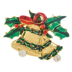 Christmas Jewelry Crystal Rhinestone Jingle Bell Fashion Brooch Pin BH203 Gold