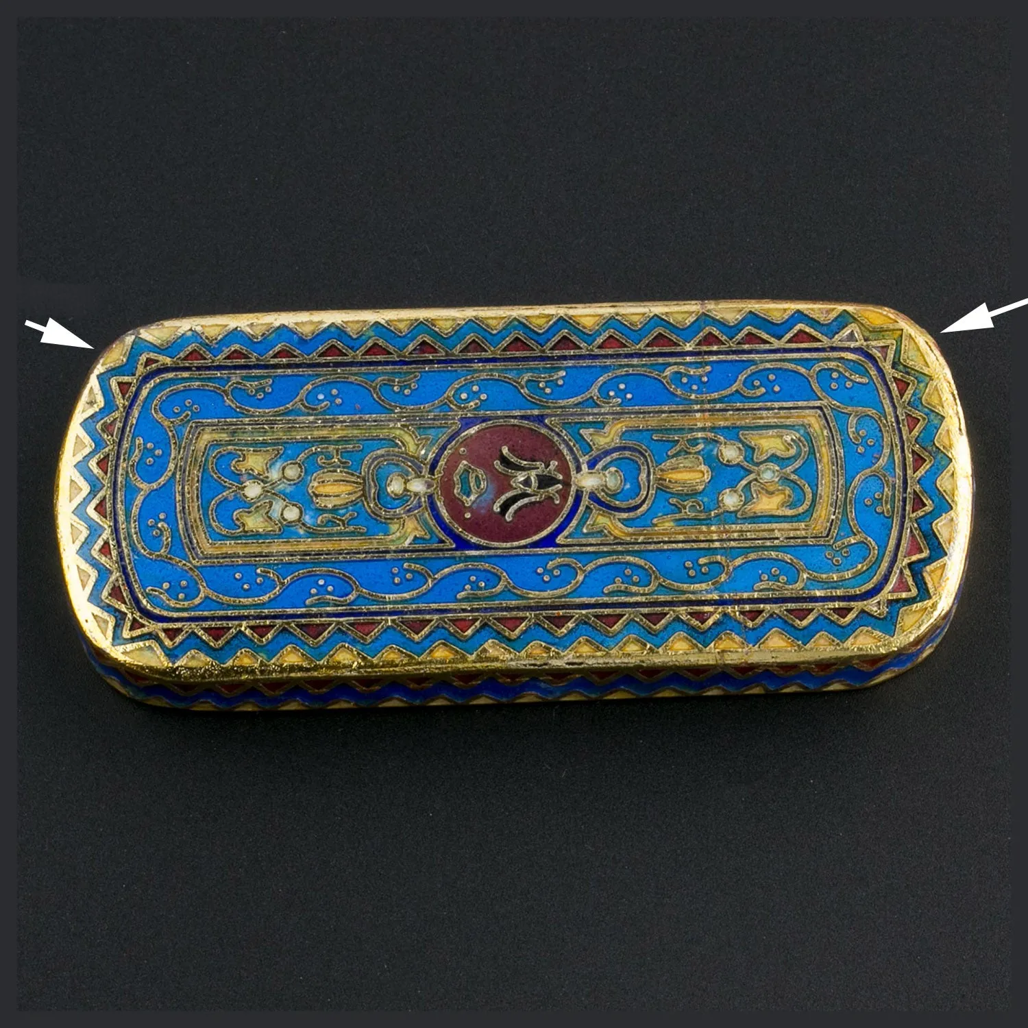 Cloisonné pendant. with blue and red enamel and gilt wire 50x23mm. Sold individually. b2-640