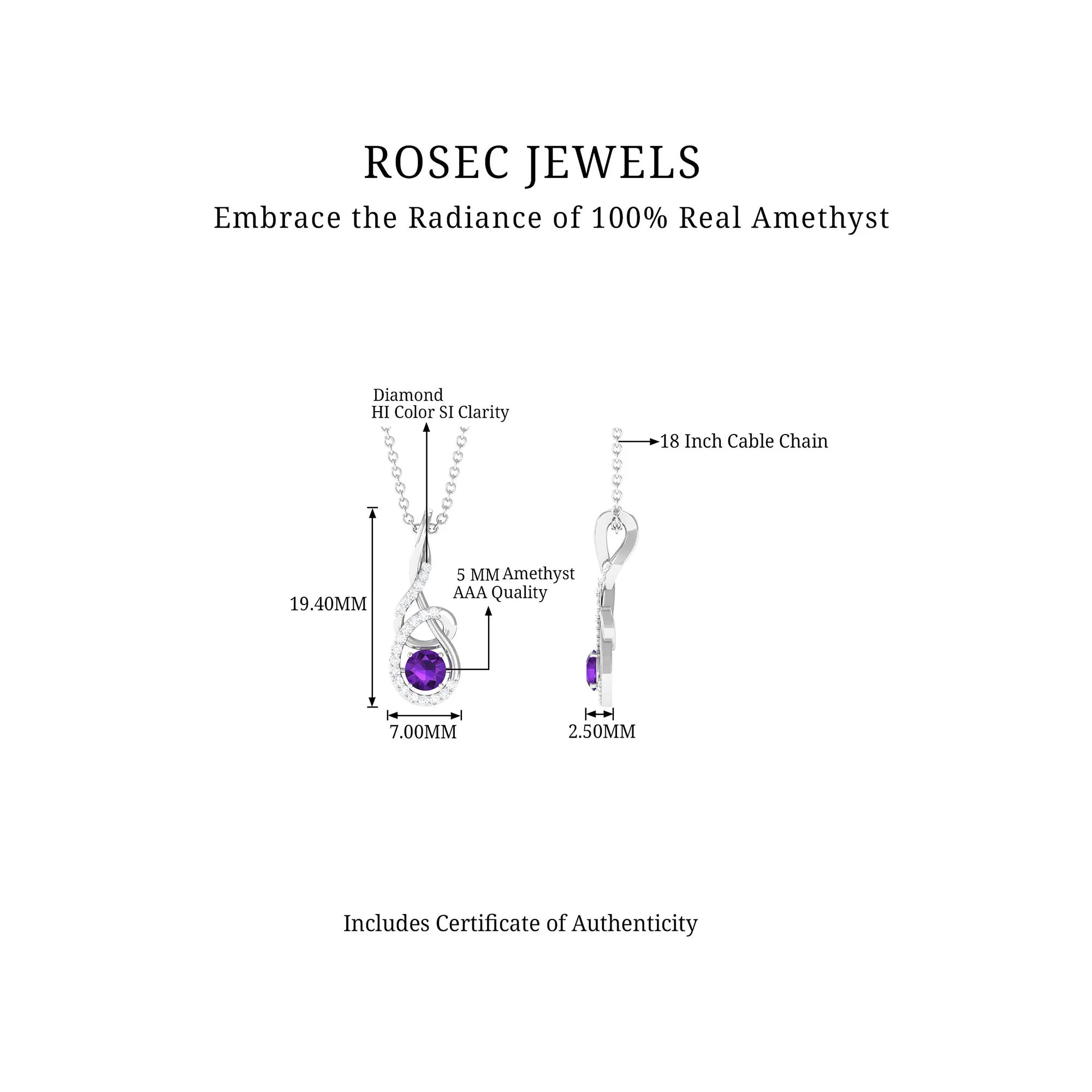 Designer Round Amethyst and Diamond Twisted Drop Pendant