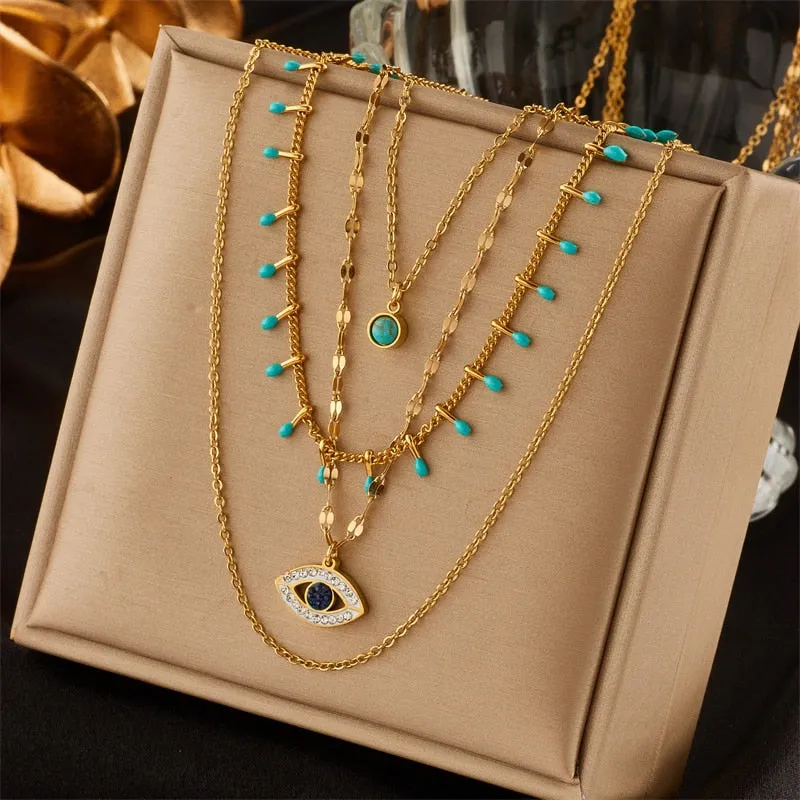 DIEYURO 316L Stainless Steel Jewelry Multilayer Green Stone Eye Necklaces For Women Vintage Chokers Party Gift Accessories