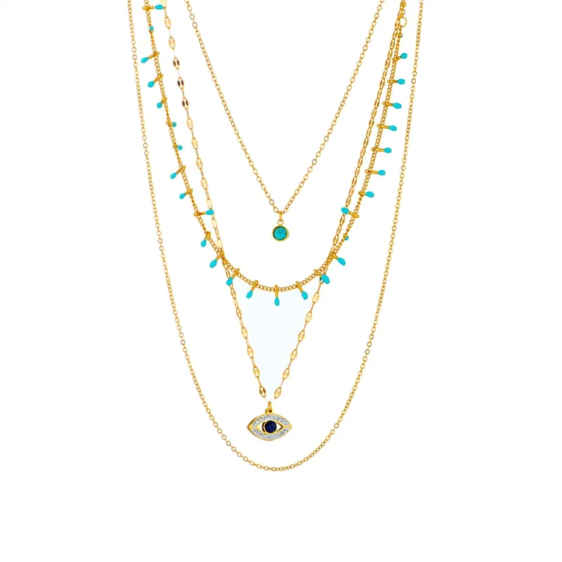DIEYURO 316L Stainless Steel Jewelry Multilayer Green Stone Eye Necklaces For Women Vintage Chokers Party Gift Accessories