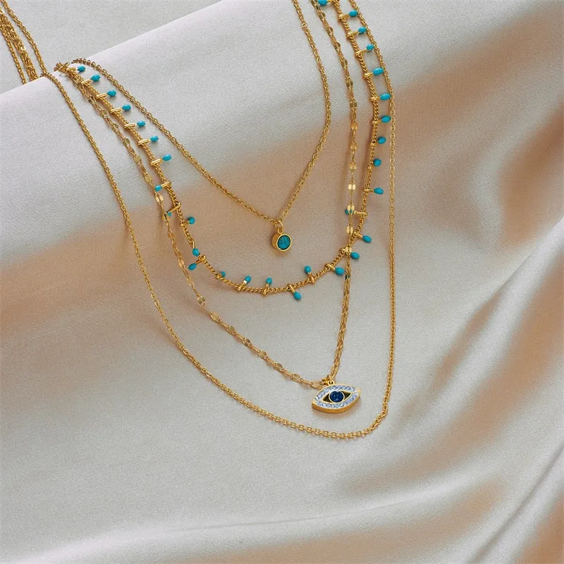 DIEYURO 316L Stainless Steel Jewelry Multilayer Green Stone Eye Necklaces For Women Vintage Chokers Party Gift Accessories