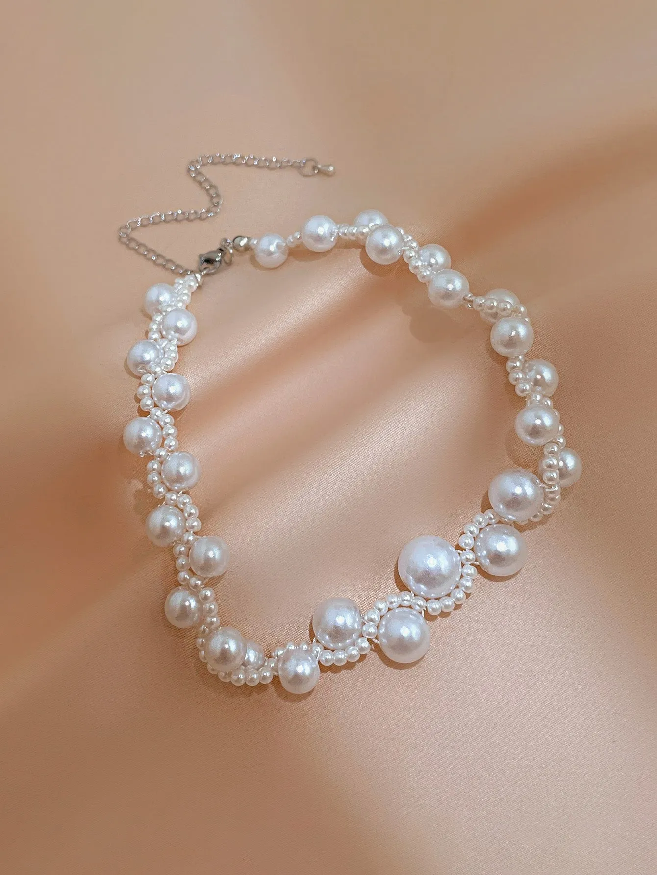 Faux Pearl Decor Braided Pattern Necklace for Women Girls Accessories Jewelry