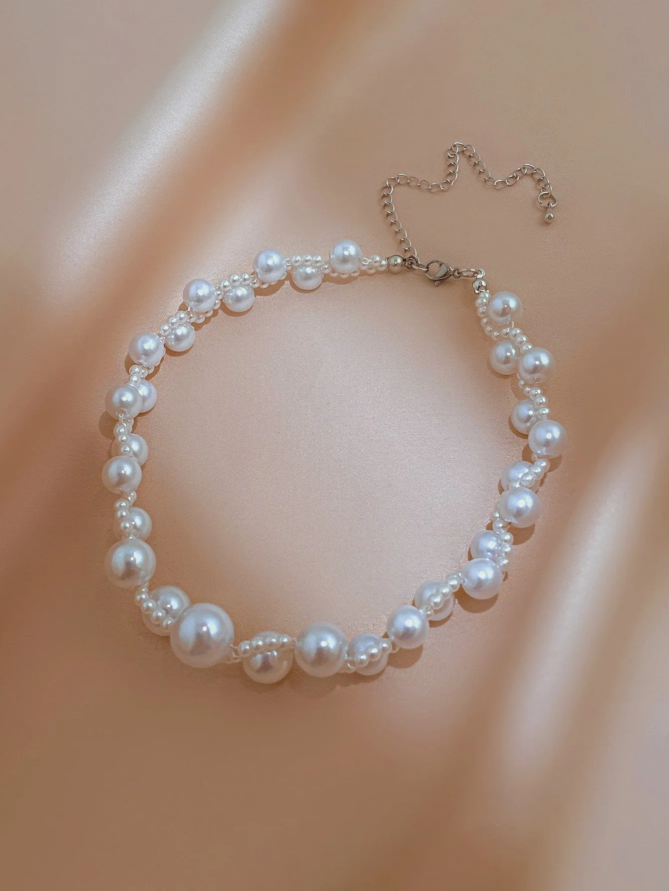 Faux Pearl Decor Braided Pattern Necklace for Women Girls Accessories Jewelry