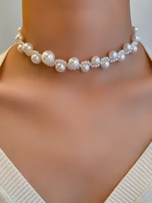 Faux Pearl Decor Braided Pattern Necklace for Women Girls Accessories Jewelry