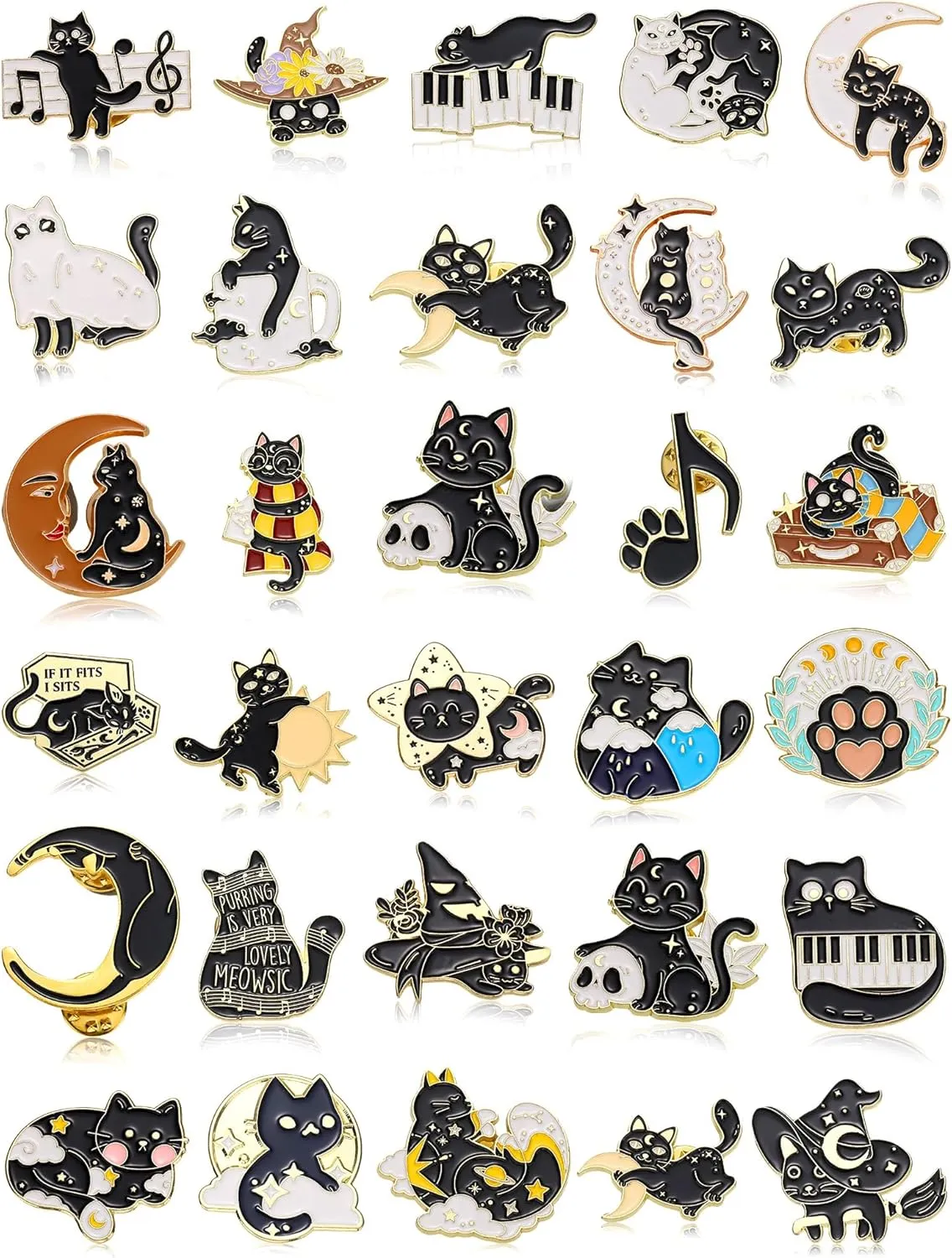 Ferraycle 30 Pcs Black Cat Enamel Pins Set Black Cat Enamel Pins for Backpacks Horror Enamel Lapel Pins Punk Brooches Pins