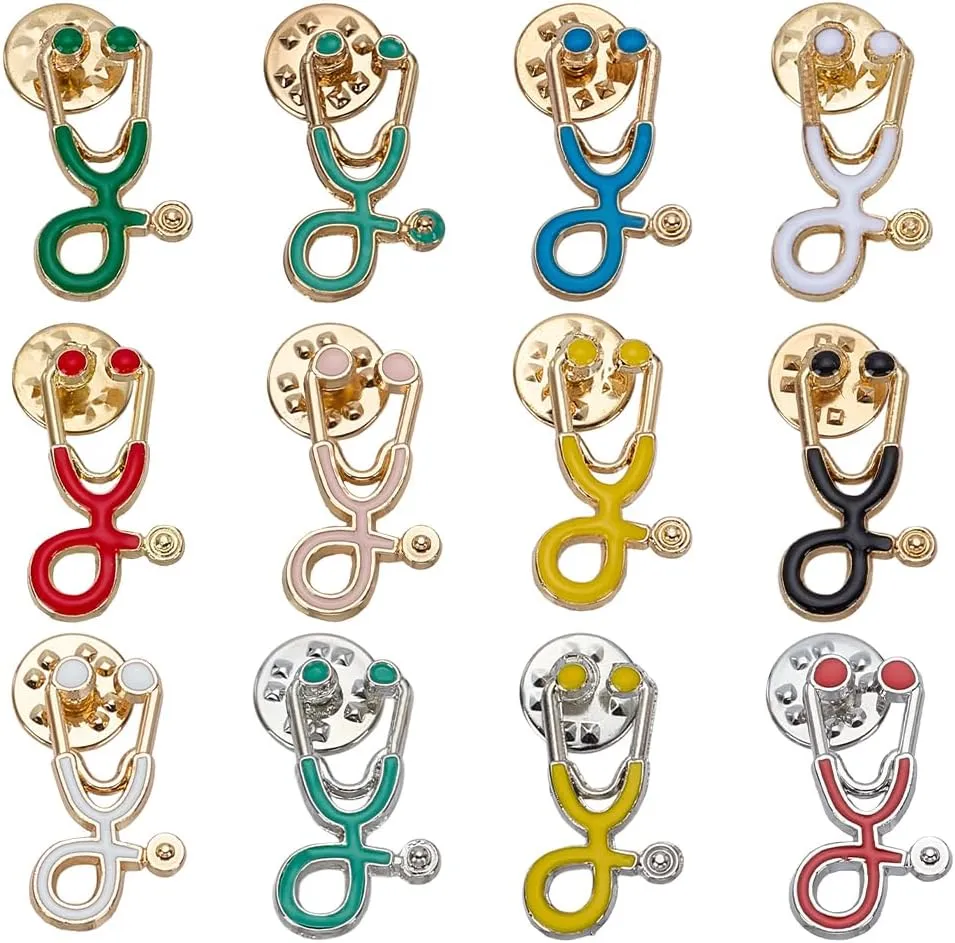 FINGERINSPIRE 12 PCS Nurse Doctor Pin 12 Styles Medical Echometer Enamel Pin Silver Alloy Stethoscope Enamel Brooches with Kraft Paper Display Cards for Clothes Scarf Cardigan Decoration
