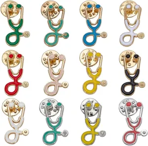 FINGERINSPIRE 12 PCS Nurse Doctor Pin 12 Styles Medical Echometer Enamel Pin Silver Alloy Stethoscope Enamel Brooches with Kraft Paper Display Cards for Clothes Scarf Cardigan Decoration