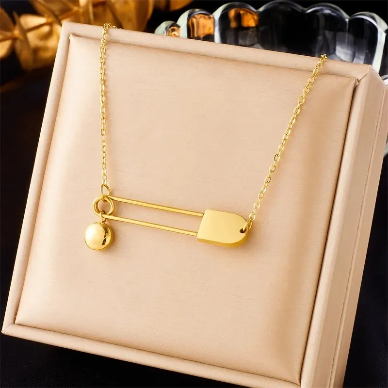 Gold Stainless Steel Paperclip Ball Pendant Necklace
