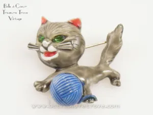 Gray Enamel Cat Brooch Vintage Pin Signed HAR