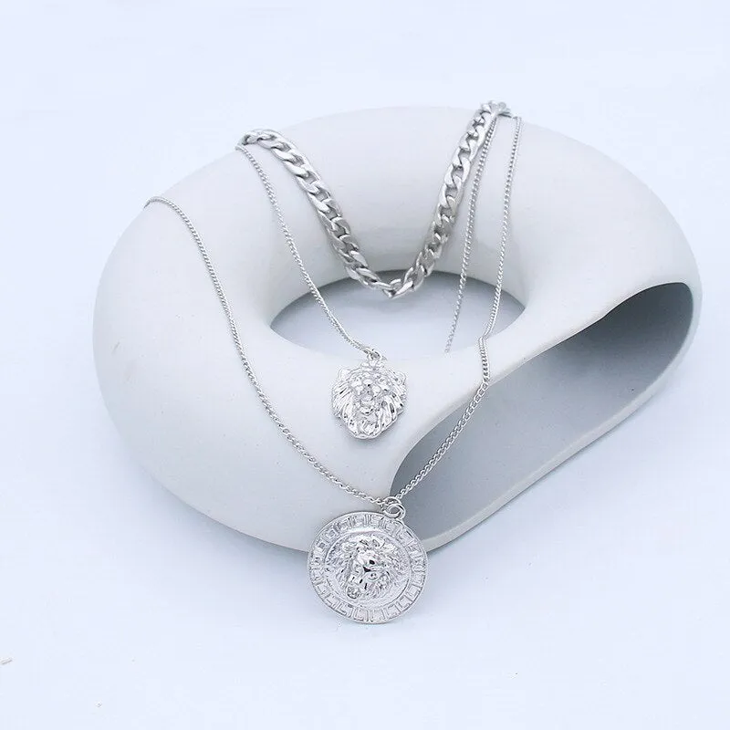 Hip Hop Heavy Metal Mens Necklace Lion Head Pendant Geometric Chain Necklaces for Women Party Choker Birthday Punk Rock Jewelry