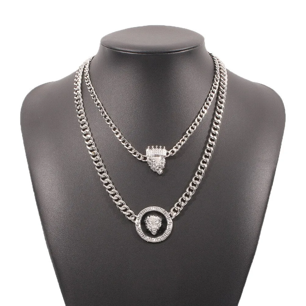 Hip Hop Heavy Metal Mens Necklace Lion Head Pendant Geometric Chain Necklaces for Women Party Choker Birthday Punk Rock Jewelry