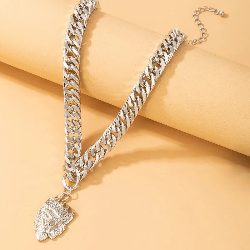 Hip Hop Heavy Metal Mens Necklace Lion Head Pendant Geometric Chain Necklaces for Women Party Choker Birthday Punk Rock Jewelry