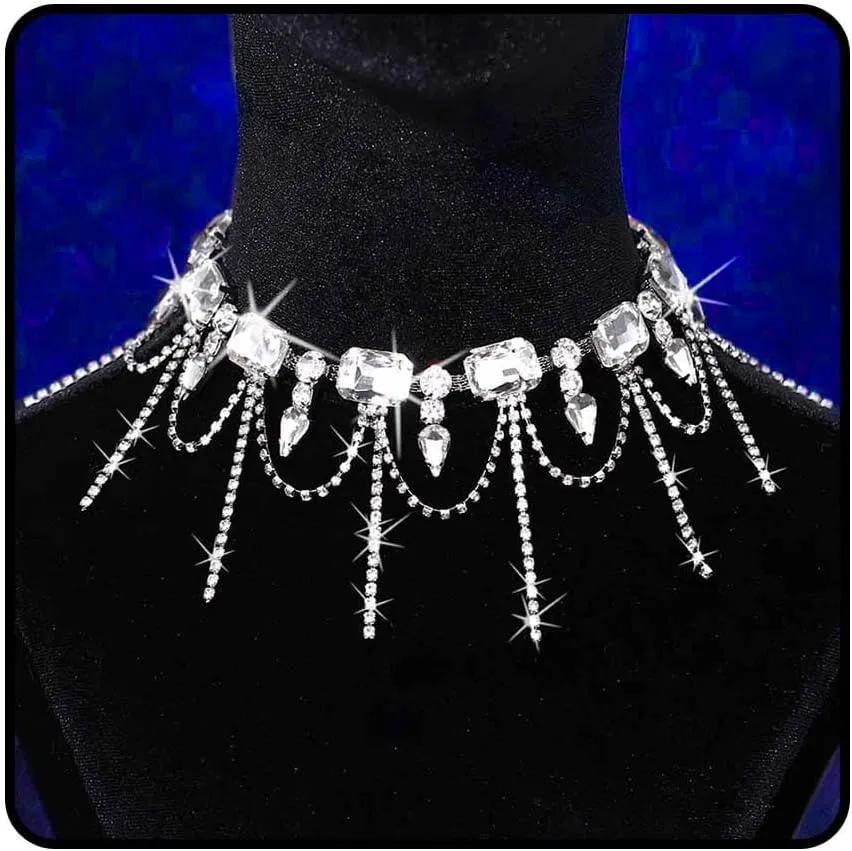 JEWEKY Rhinestone Choker Necklace Silver Bling Chunky Necklaces for Women