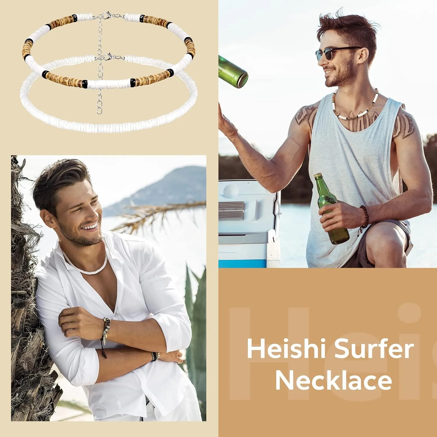 Kigeli 4 Pieces Puka Shell Necklace for Men, Surfer Choker Seashell Hawaiian Necklace Beach Chokers with Gift Bag