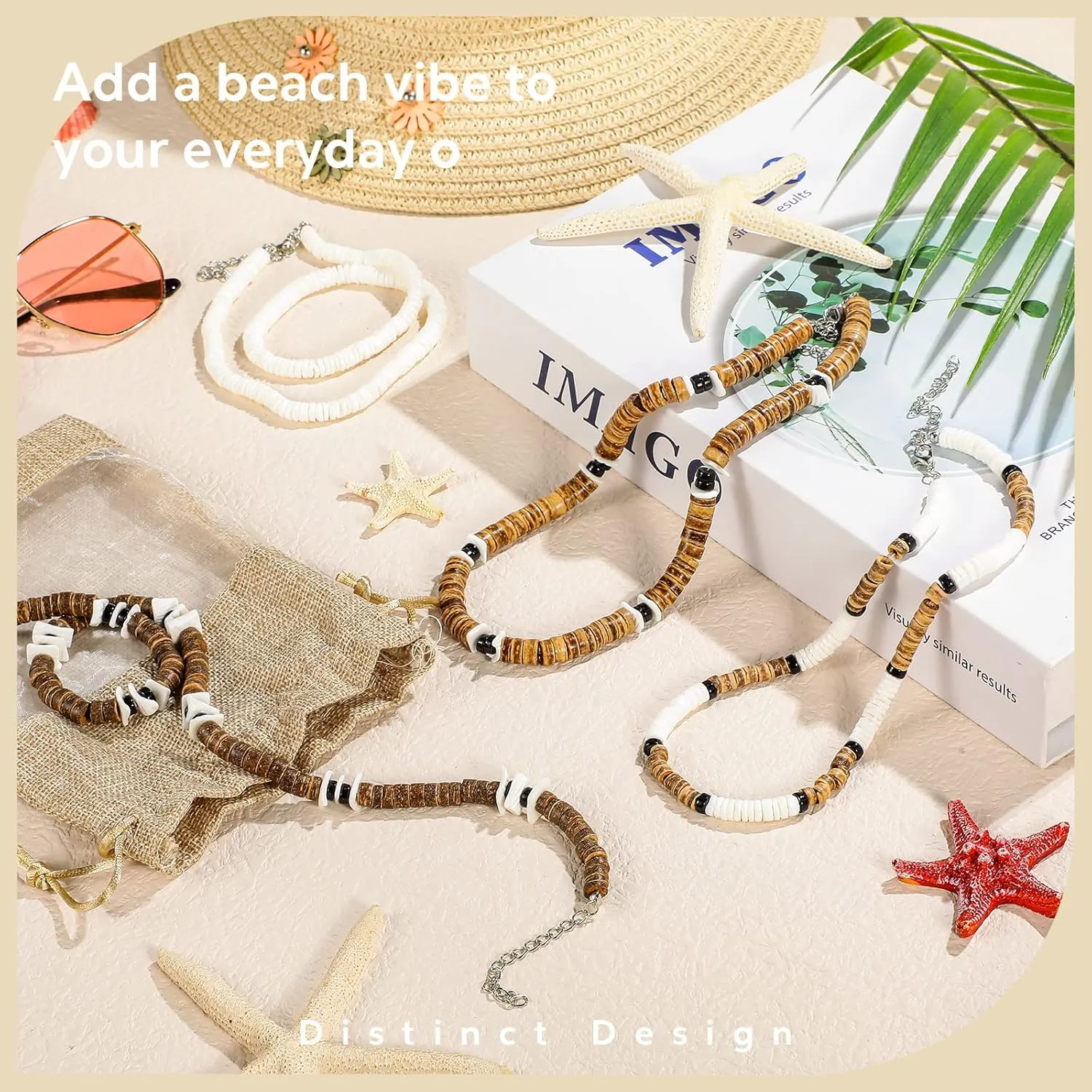 Kigeli 4 Pieces Puka Shell Necklace for Men, Surfer Choker Seashell Hawaiian Necklace Beach Chokers with Gift Bag