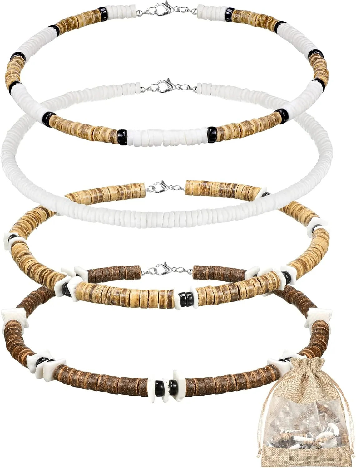 Kigeli 4 Pieces Puka Shell Necklace for Men, Surfer Choker Seashell Hawaiian Necklace Beach Chokers with Gift Bag