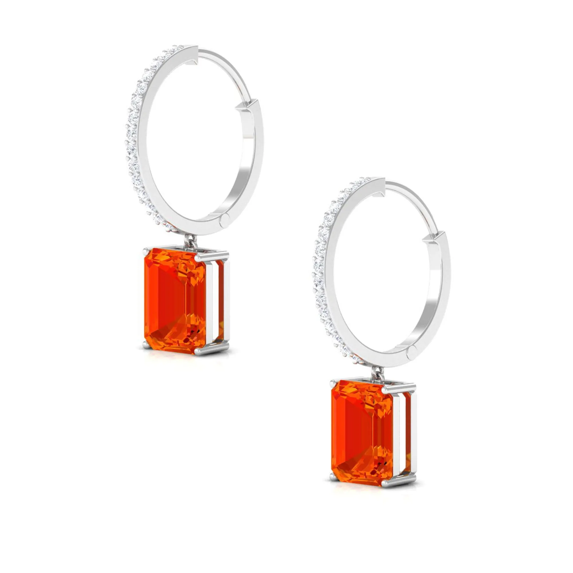 Lab Grown Orange Sapphire Drop Hoop Earrings with Diamond