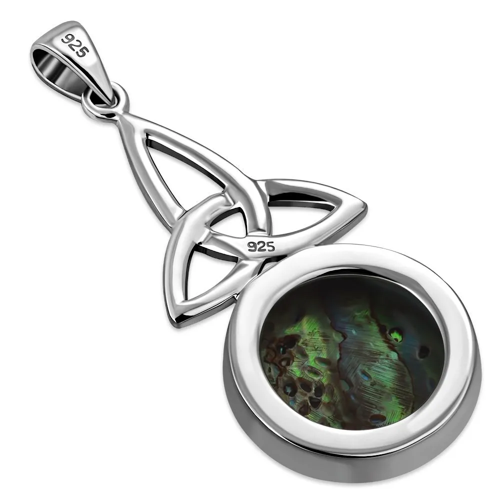 Long Celtic Trinity Knot Abalone Shell Silver Pendant