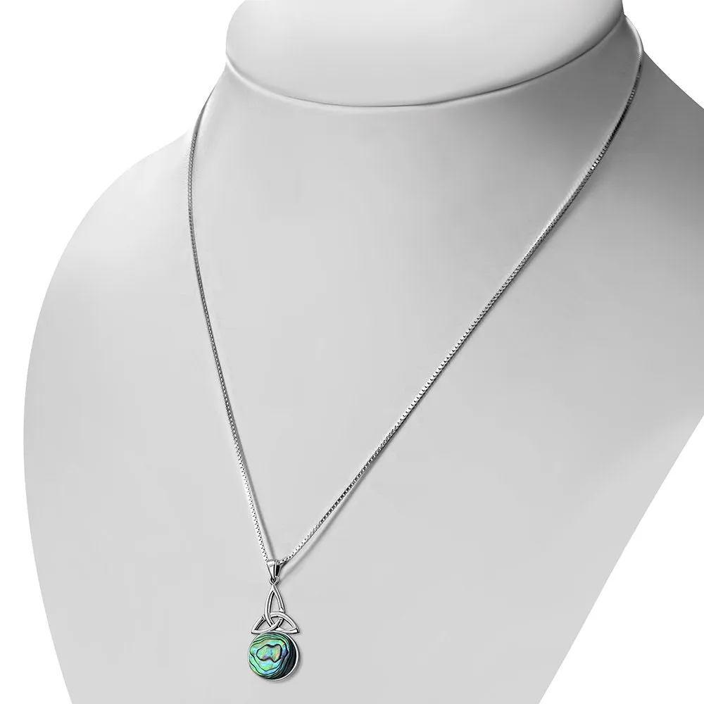 Long Celtic Trinity Knot Abalone Shell Silver Pendant