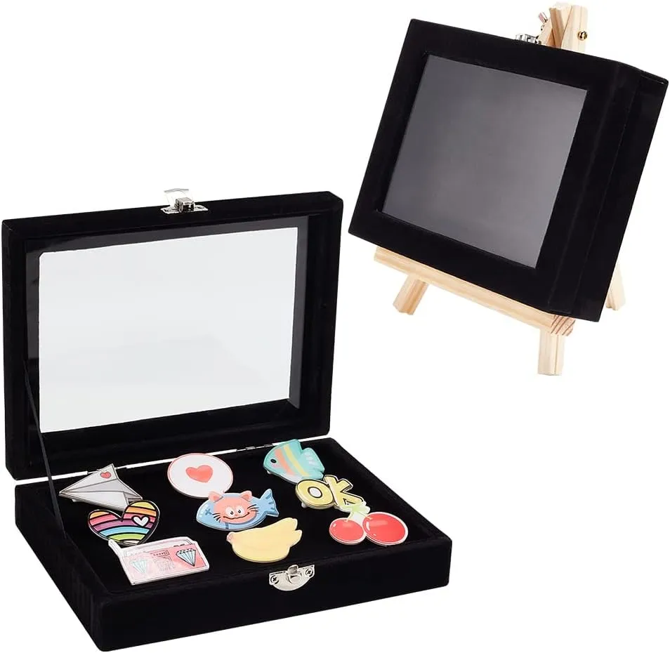OLYCRAFT Velvet Pin Display Box Cabinet Brooch Collection Display Case with Clear Window Velvet Badges Display Box with Wood Bracket and Iron Clasps for Collectible Pins and Medals - 6x8x2