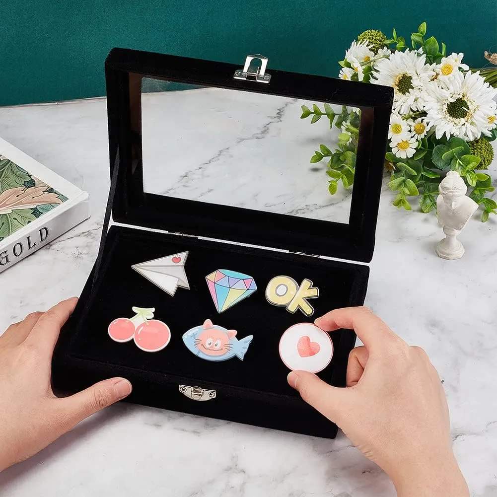 OLYCRAFT Velvet Pin Display Box Cabinet Brooch Collection Display Case with Clear Window Velvet Badges Display Box with Wood Bracket and Iron Clasps for Collectible Pins and Medals - 6x8x2